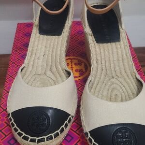 Tory Burch Black and Tan Espadrille Wedges
